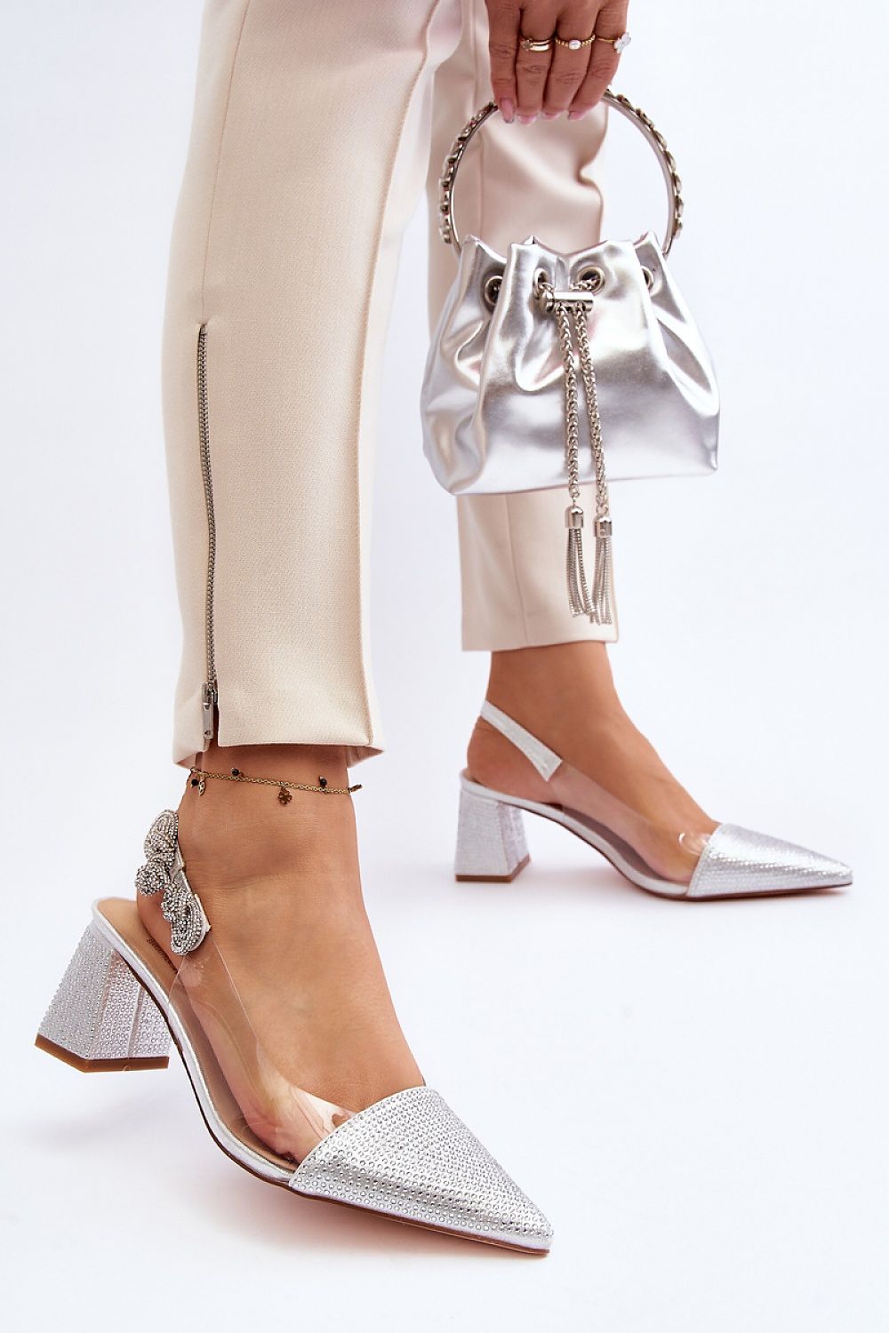 Celina Crystal-Embellished Silver Kitten Heels