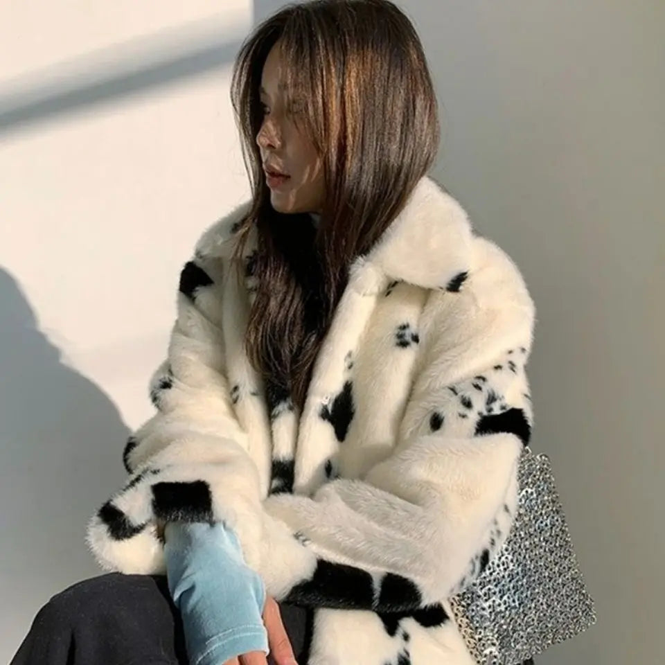 The Mirage Jacket | Black & White Cow Print Faux Fur Jacket